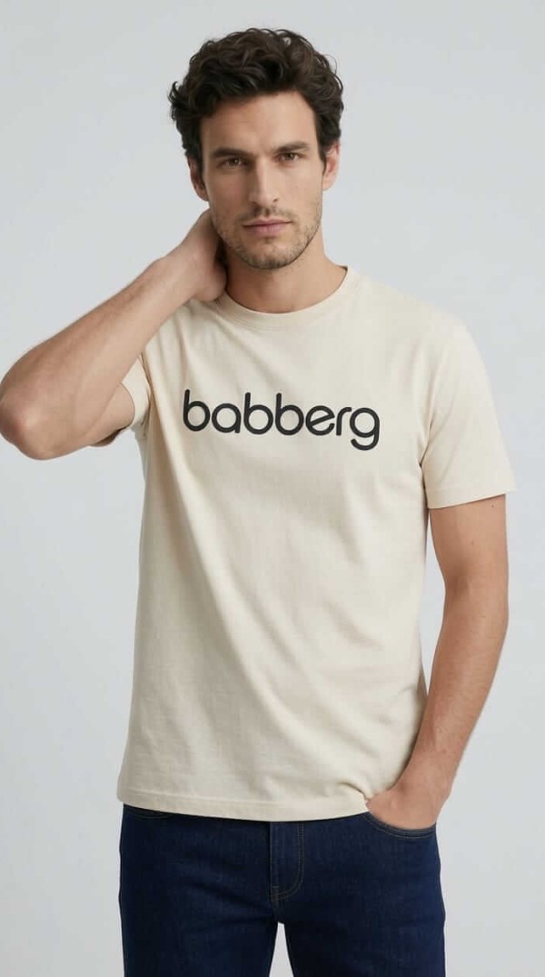 Babberg Erkek Bej Bisiklet Yaka Kısa Kollu Logolu Tişört