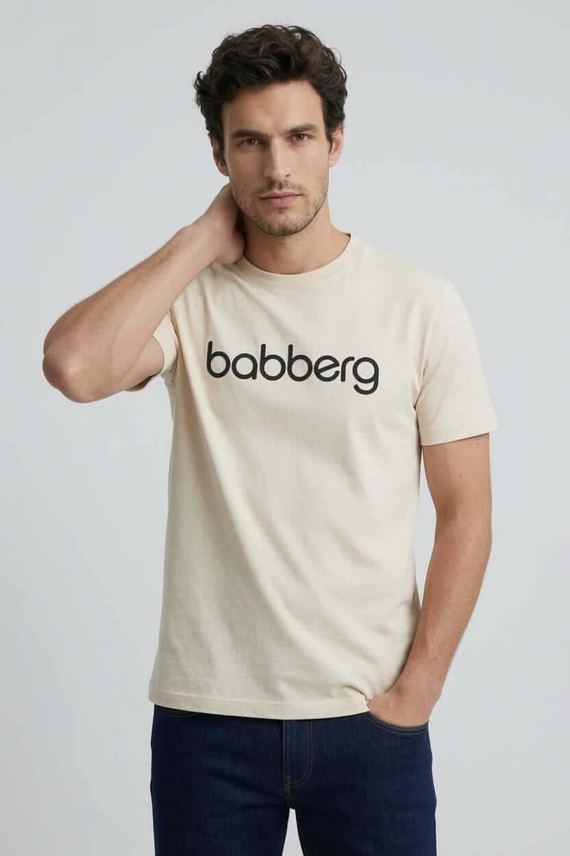 Babberg Erkek Bej Bisiklet Yaka Kısa Kollu Logolu Tişört