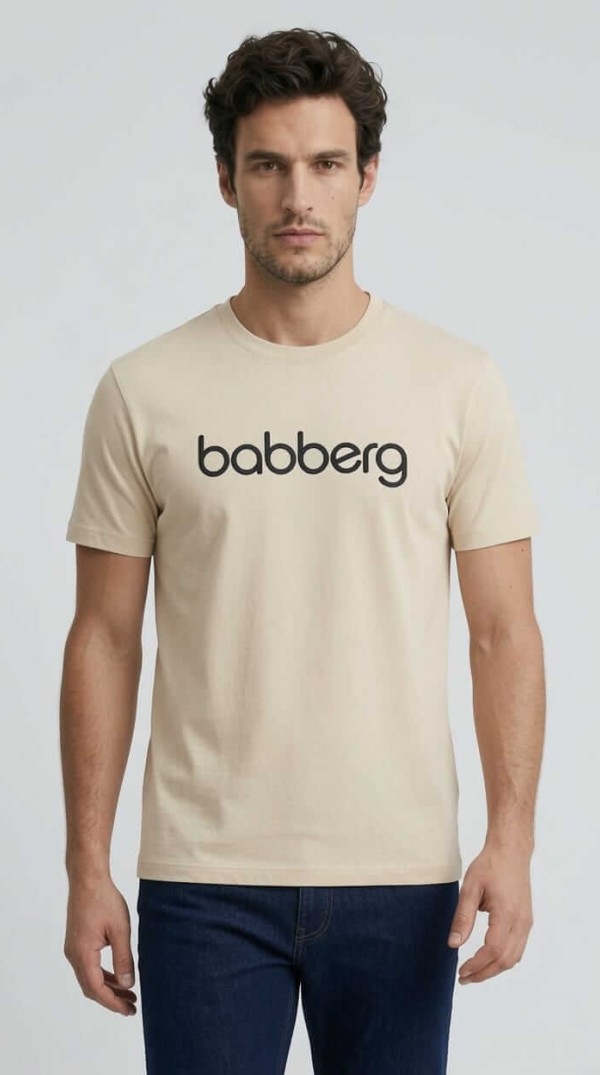 Babberg Erkek Bej Bisiklet Yaka Kısa Kollu Logolu Tişört