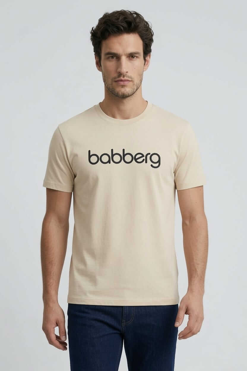 Babberg Erkek Bej Bisiklet Yaka Kısa Kollu Logolu Tişört