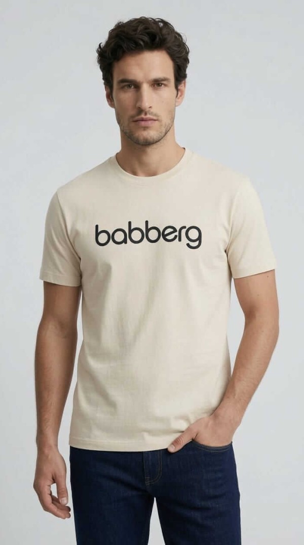 Babberg Erkek Bej Bisiklet Yaka Kısa Kollu Logolu Tişört