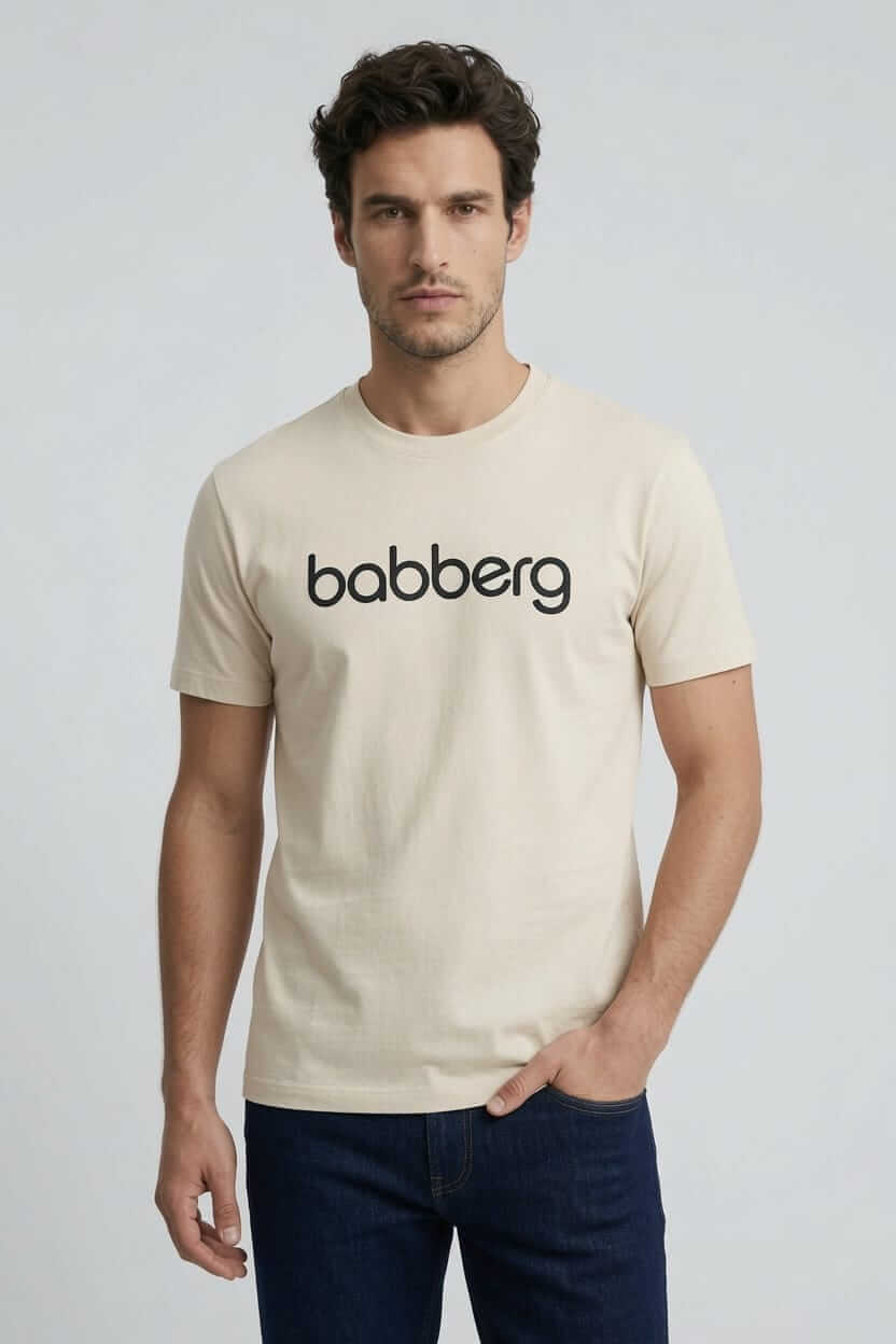 Babberg Erkek Bej Bisiklet Yaka Kısa Kollu Logolu Tişört