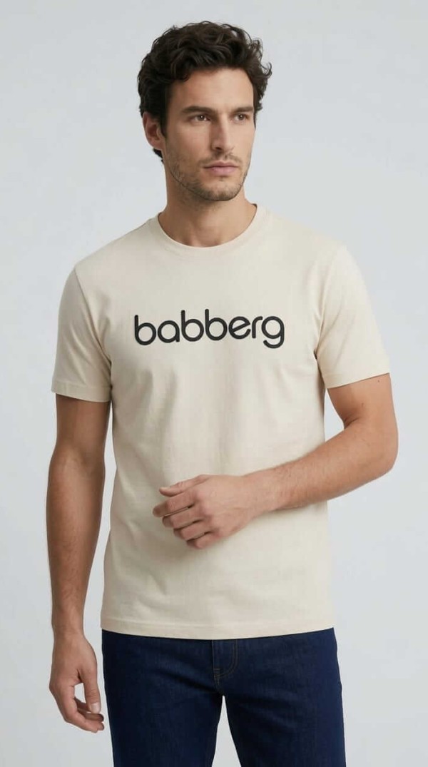 Babberg Erkek Bej Bisiklet Yaka Kısa Kollu Logolu Tişört