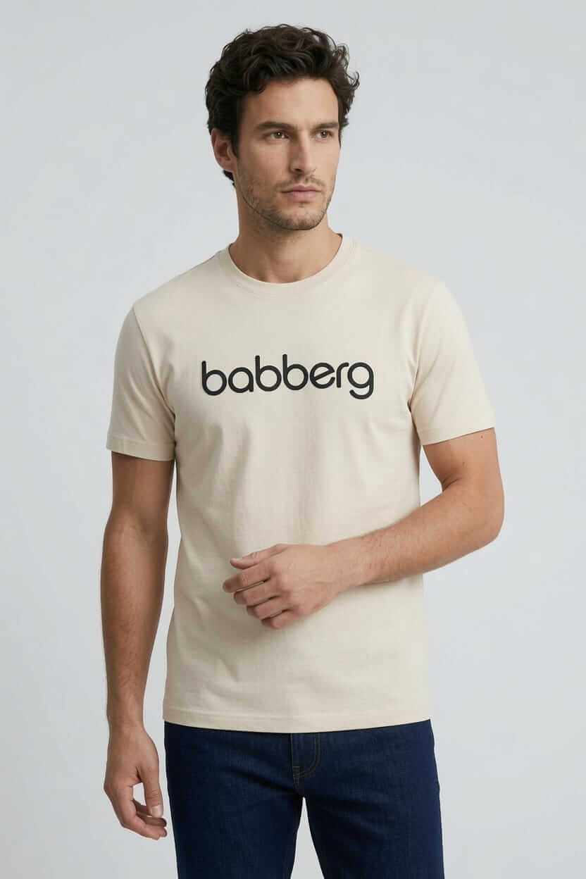 Babberg Erkek Bej Bisiklet Yaka Kısa Kollu Logolu Tişört
