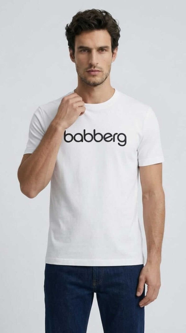 Babberg Erkek Beyaz Bisiklet Yaka Kısa Kollu Logolu Tişört