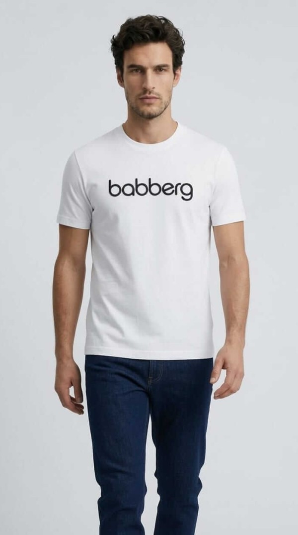 Babberg Erkek Beyaz Bisiklet Yaka Kısa Kollu Logolu Tişört