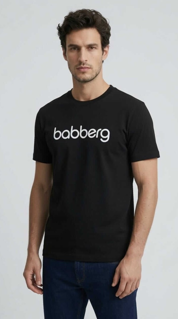Babberg Erkek Siyah Bisiklet Yaka Kısa Kollu Beyaz Logo Baskılı Tişört