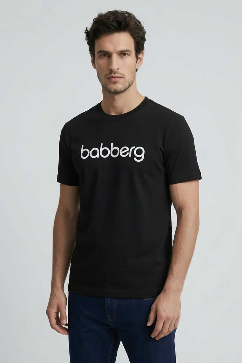 Babberg Erkek Siyah Bisiklet Yaka Kısa Kollu Beyaz Logo Baskılı Tişört