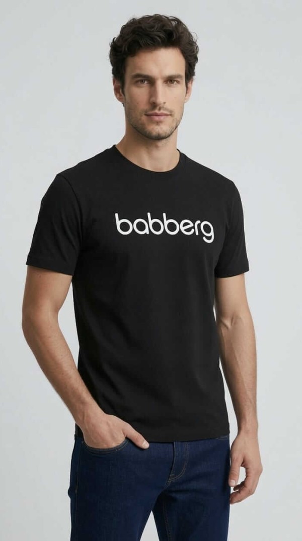Babberg Erkek Siyah Bisiklet Yaka Kısa Kollu Beyaz Logo Baskılı Tişört
