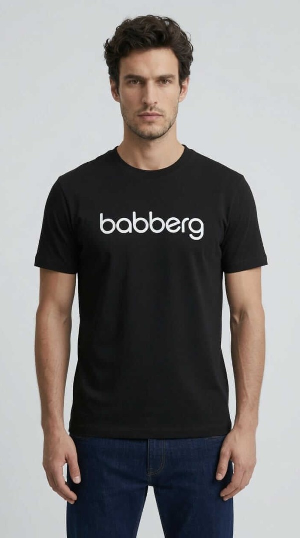 Babberg Erkek Siyah Bisiklet Yaka Kısa Kollu Beyaz Logo Baskılı Tişört