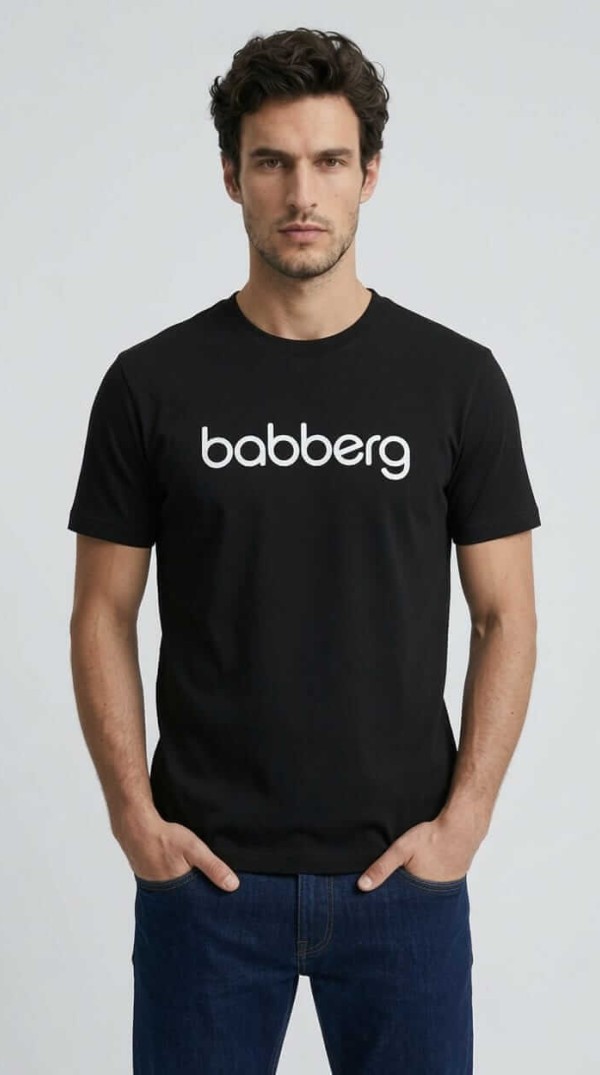 Babberg Erkek Siyah Bisiklet Yaka Kısa Kollu Beyaz Logo Baskılı Tişört