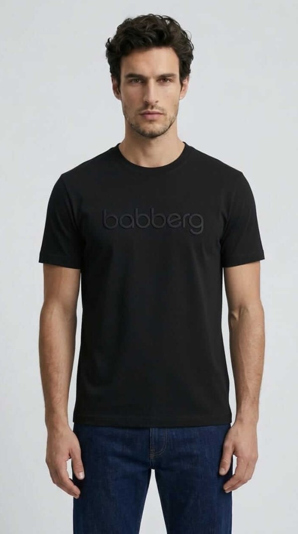 Babberg Erkek Siyah Bisiklet Yaka Kısa Kollu Siyah Logo Baskılı Tişört