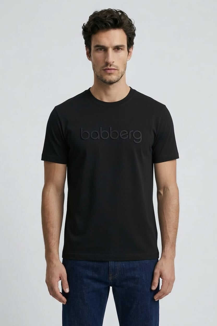 Babberg Erkek Siyah Bisiklet Yaka Kısa Kollu Siyah Logo Baskılı Tişört