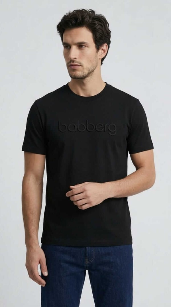 Babberg Erkek Siyah Bisiklet Yaka Kısa Kollu Siyah Logo Baskılı Tişört