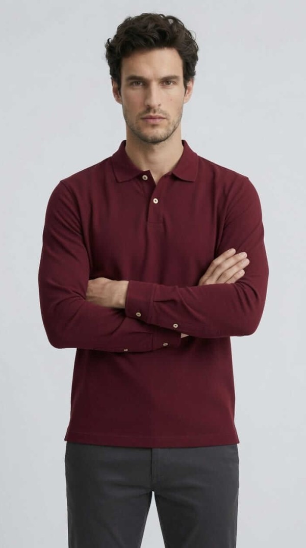Babberg Erkek Bordo Basic Uzun Kollu Polo Yaka Tişört