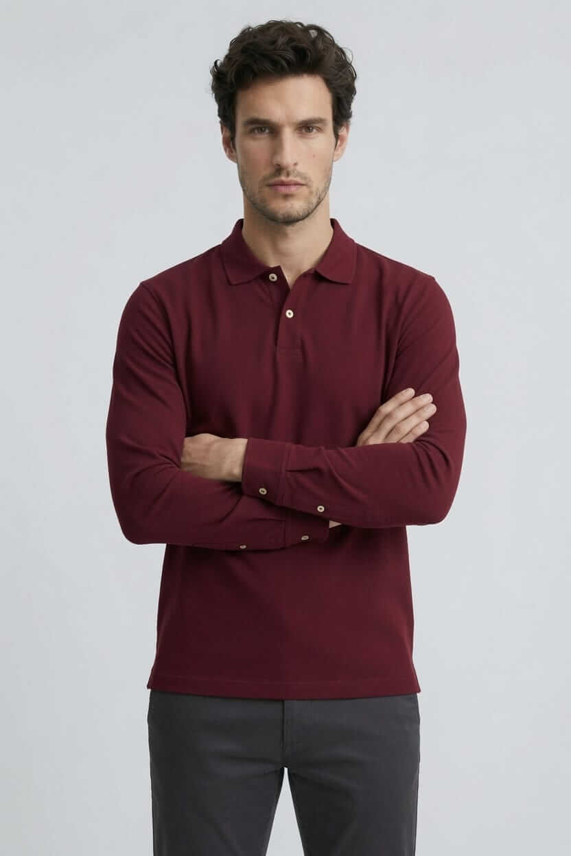 Babberg Erkek Bordo Basic Uzun Kollu Polo Yaka Tişört