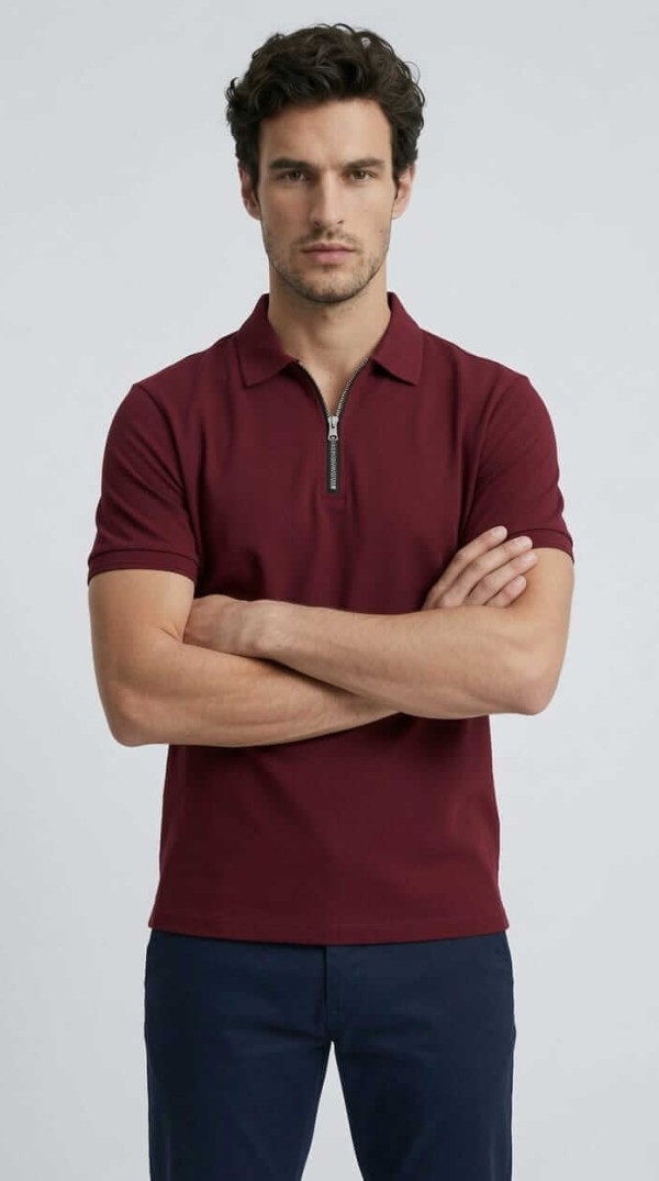 Babberg Erkek Bordo Fermuarlı Basic Polo Yaka Kısa Kollu Tişört