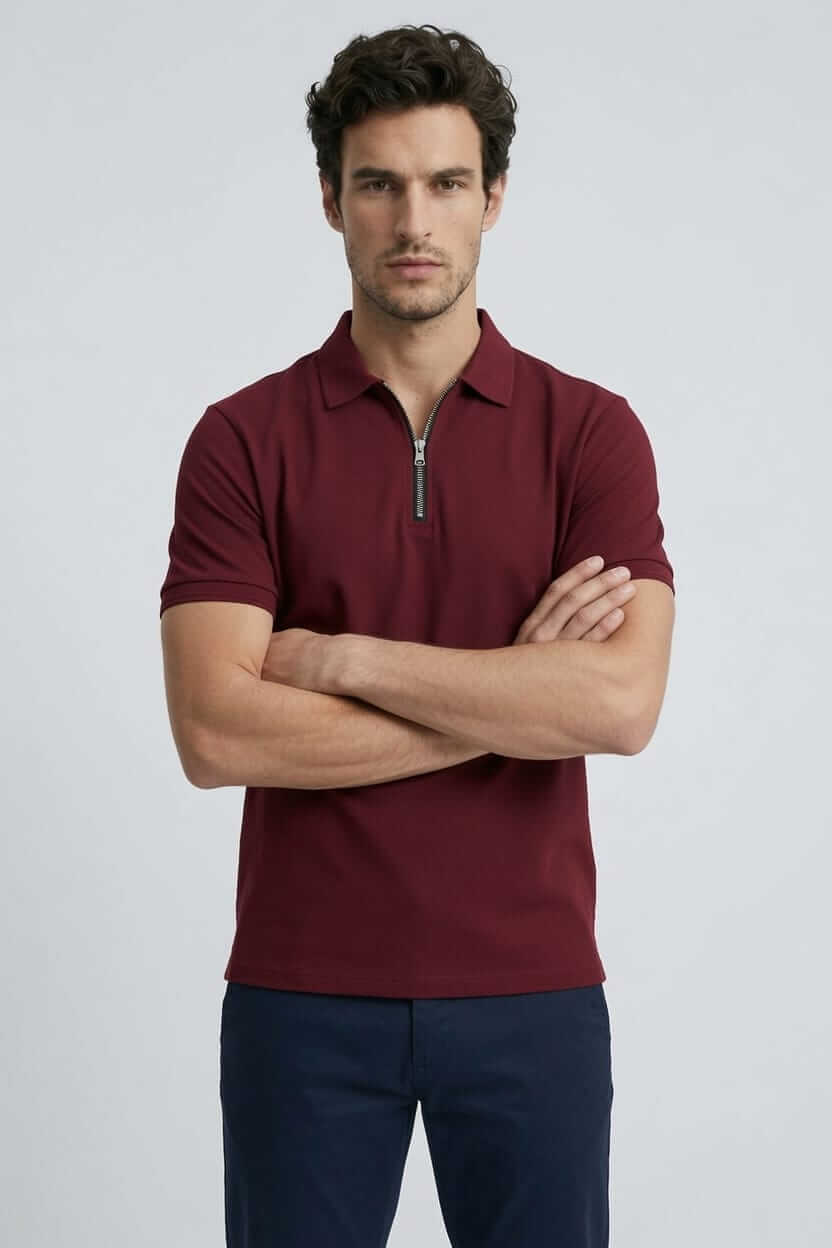 Babberg Erkek Bordo Fermuarlı Basic Polo Yaka Kısa Kollu Tişört