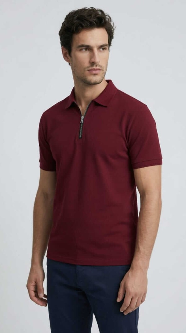 Babberg Erkek Bordo Fermuarlı Basic Polo Yaka Kısa Kollu Tişört