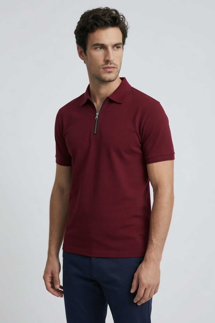 Babberg Erkek Bordo Fermuarlı Basic Polo Yaka Kısa Kollu Tişört