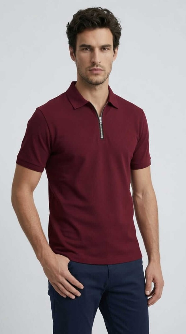 Babberg Erkek Bordo Fermuarlı Basic Polo Yaka Kısa Kollu Tişört