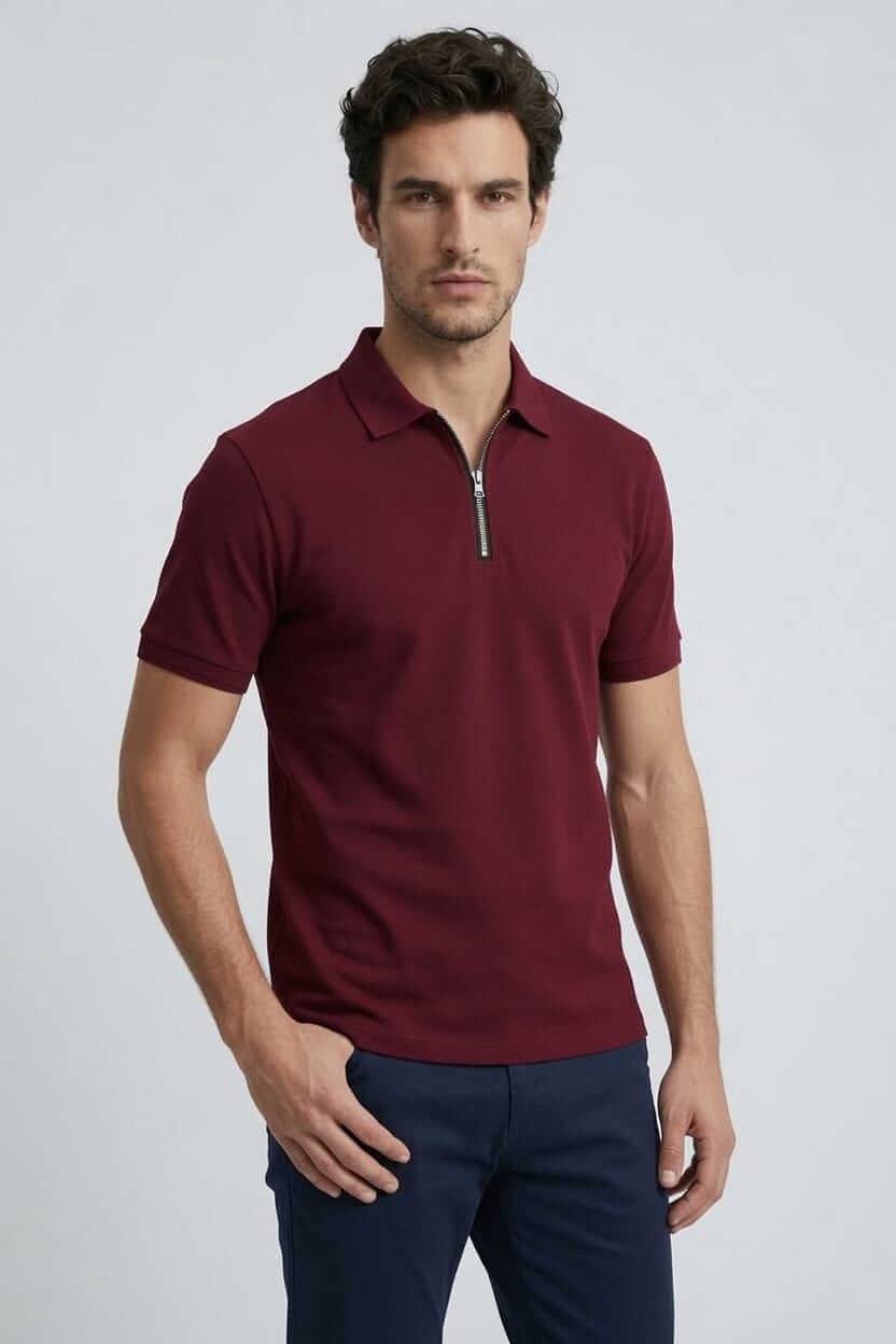Babberg Erkek Bordo Fermuarlı Basic Polo Yaka Kısa Kollu Tişört