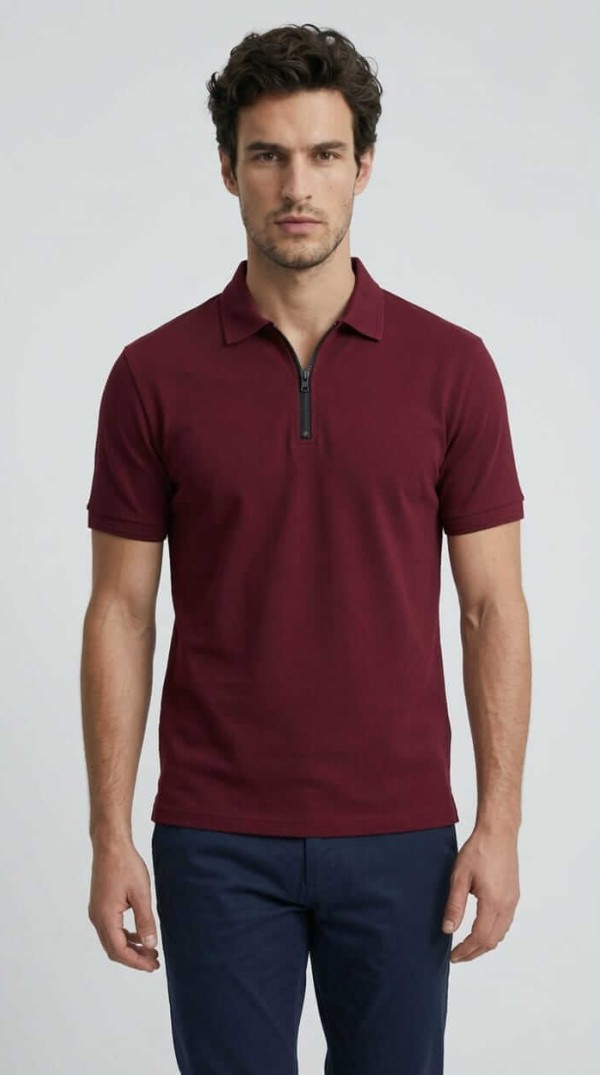 Babberg Erkek Bordo Fermuarlı Basic Polo Yaka Kısa Kollu Tişört