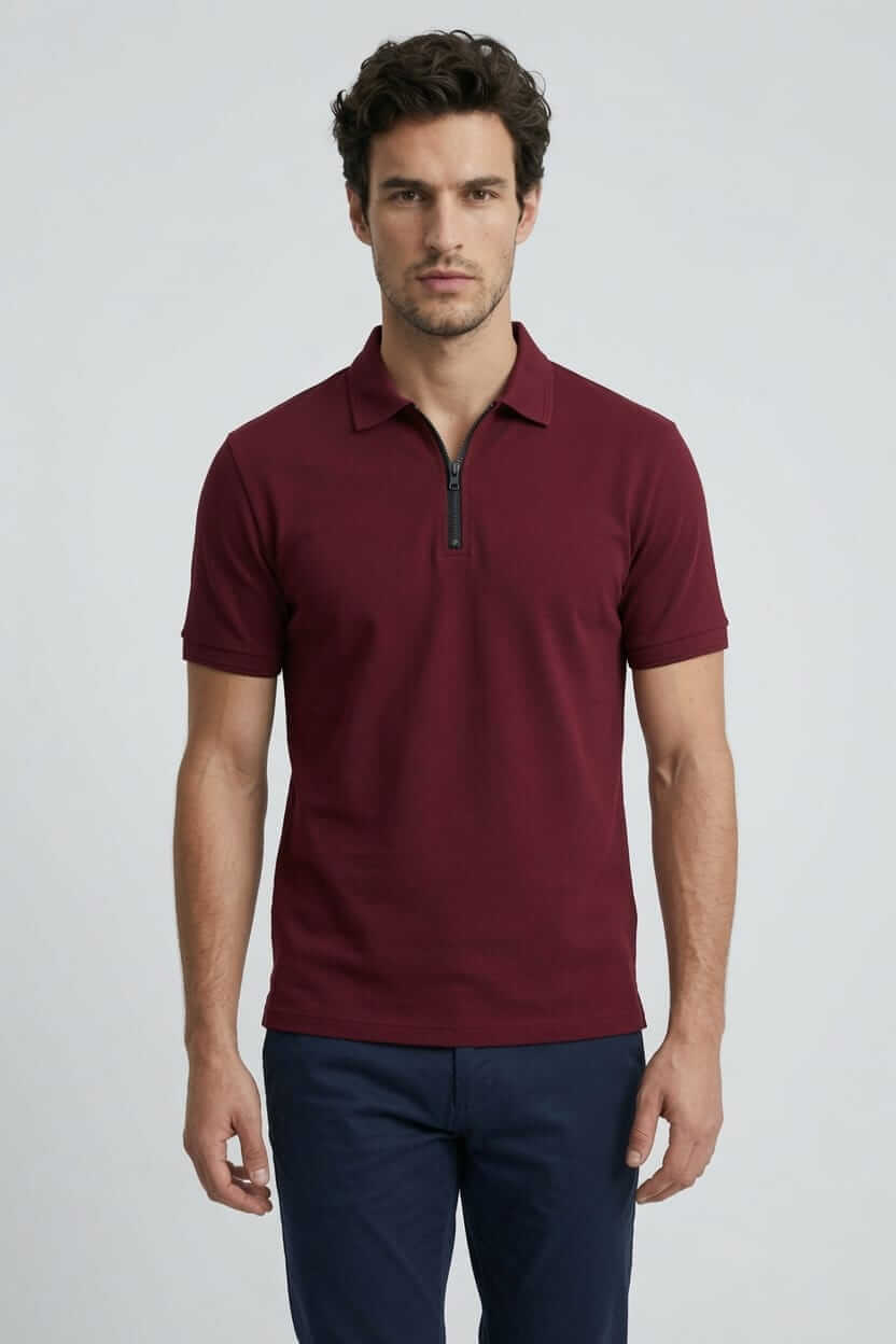 Babberg Erkek Bordo Fermuarlı Basic Polo Yaka Kısa Kollu Tişört
