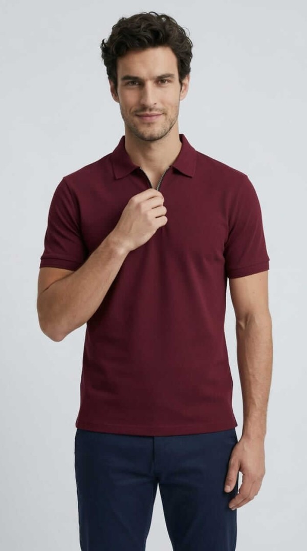 Babberg Erkek Bordo Fermuarlı Basic Polo Yaka Kısa Kollu Tişört