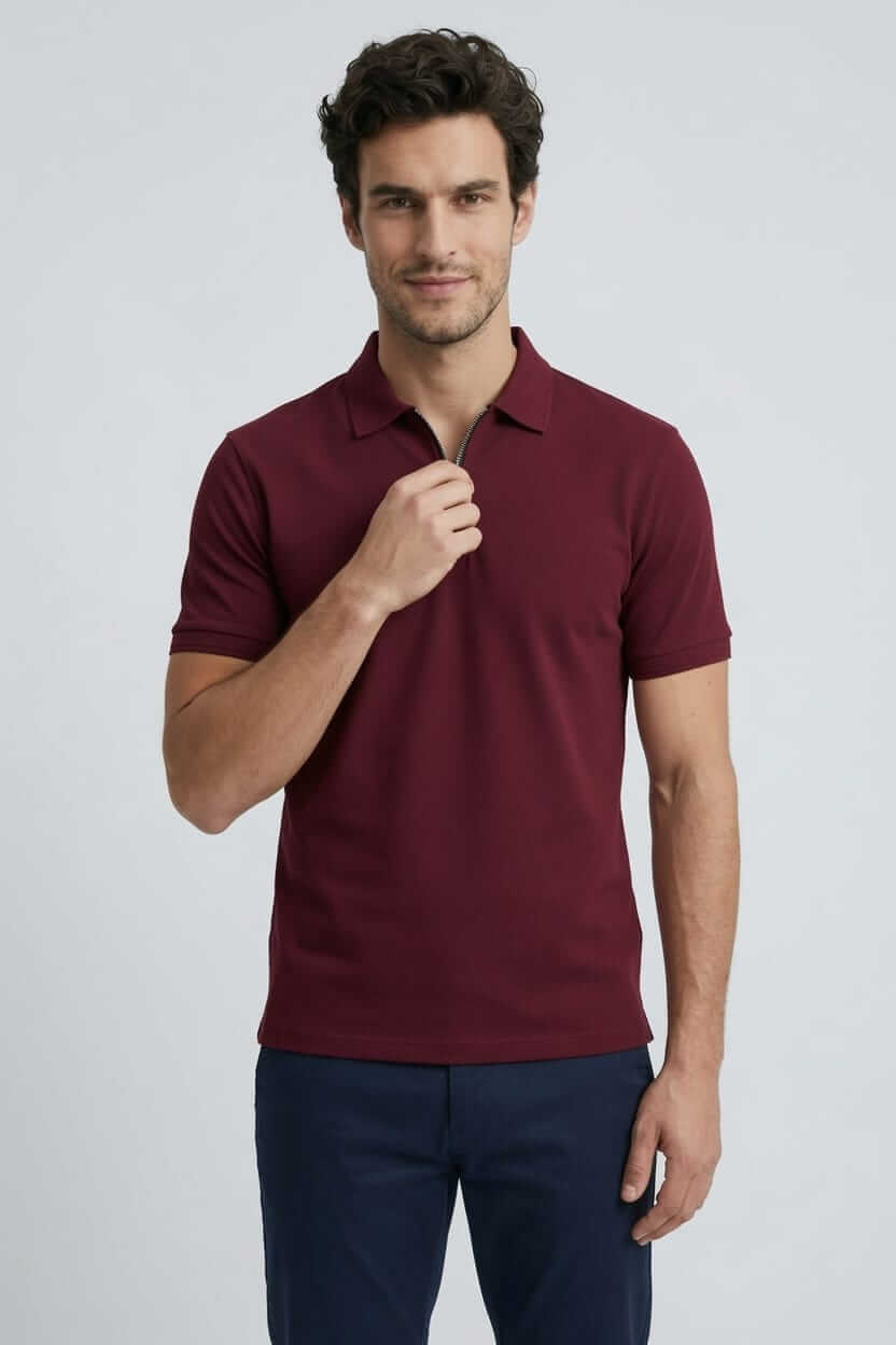 Babberg Erkek Bordo Fermuarlı Basic Polo Yaka Kısa Kollu Tişört